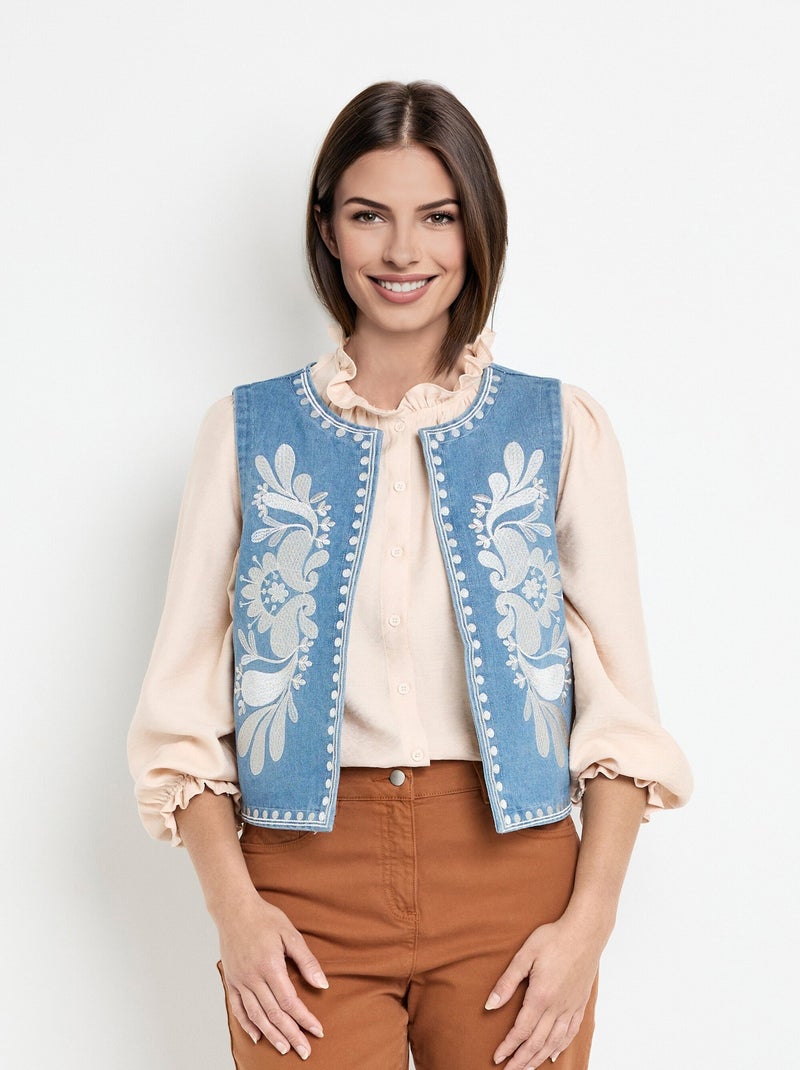 Gilet sans manches en denim brodé Bleu denim - Kiabi