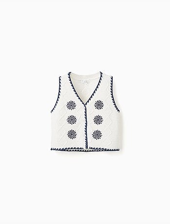 Gilet sans manches en maille coton avec fleurs brodées