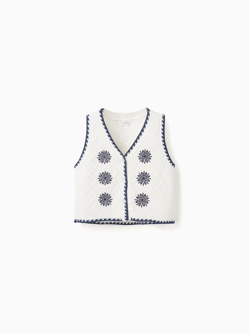 Gilet sans manches en maille coton avec fleurs brodées - Kiabi