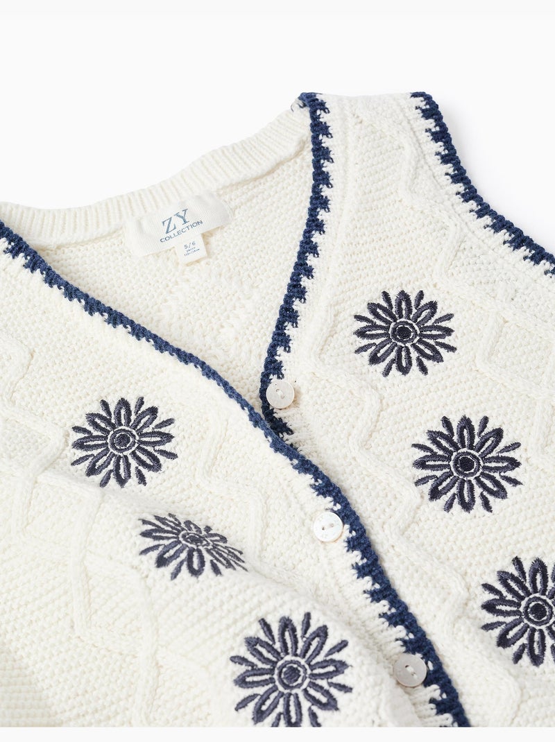 Gilet sans manches en maille coton avec fleurs brodées Beige clair - Kiabi
