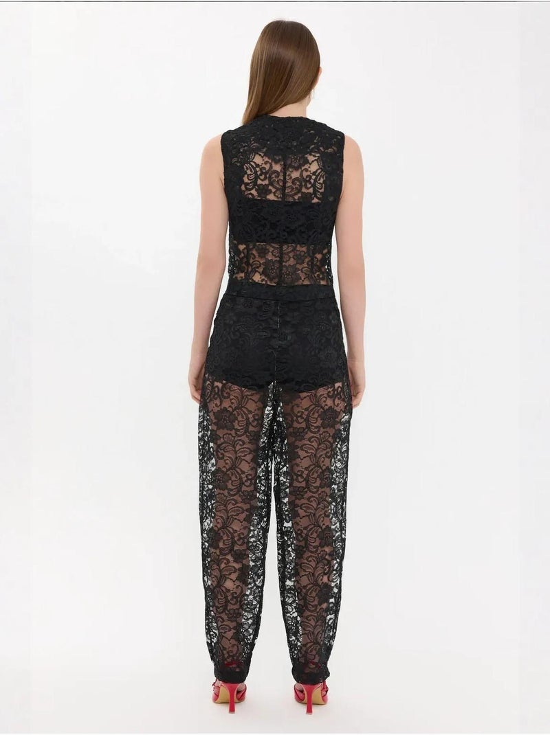 Gilet sans manches en maille de dentelle à col en V Noir - Kiabi