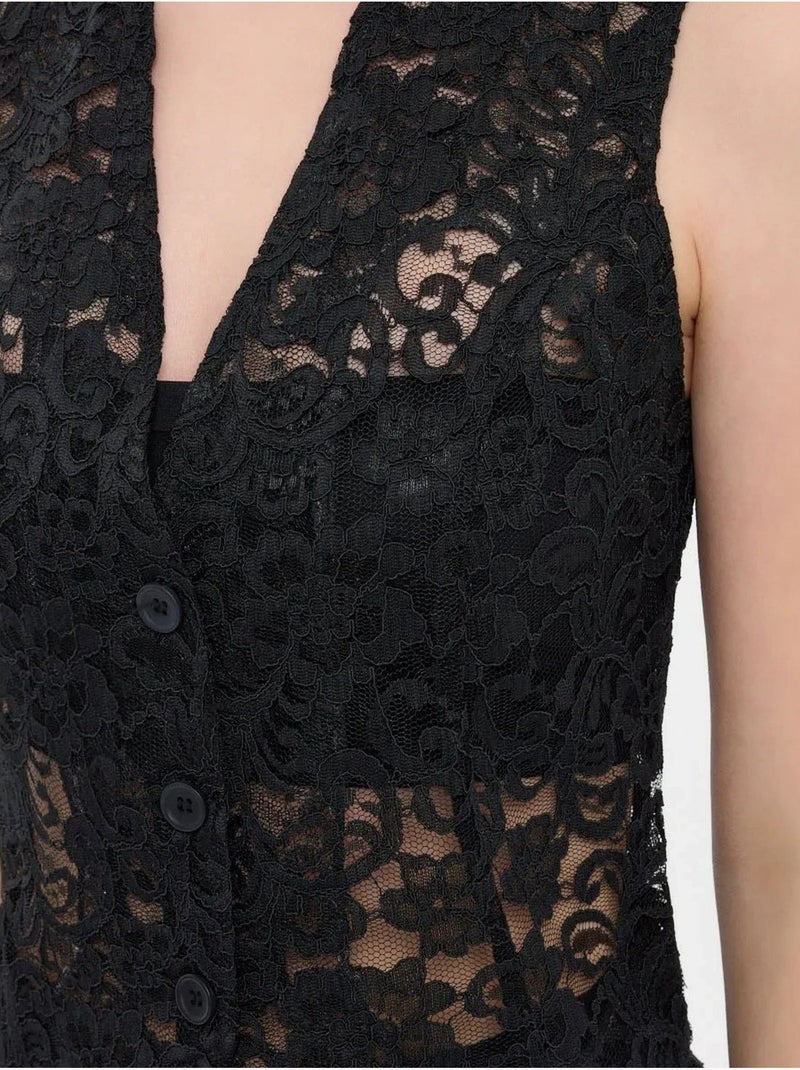 Gilet sans manches en maille de dentelle à col en V Noir - Kiabi