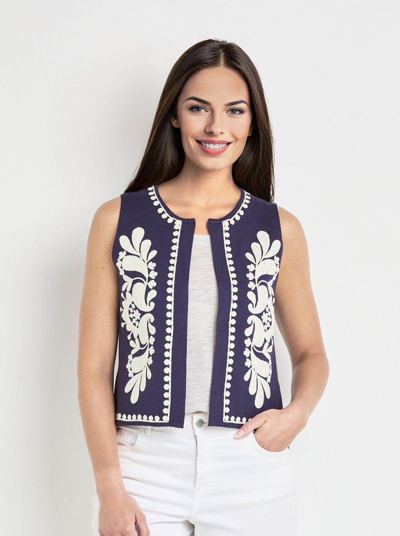 Gilet sans manches en maille et broderies Bleu marine - Kiabi
