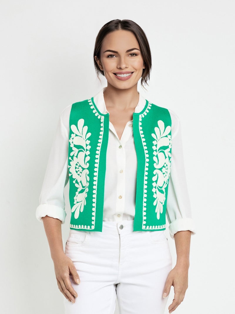 Gilet sans manches en maille et broderies Vert - Kiabi