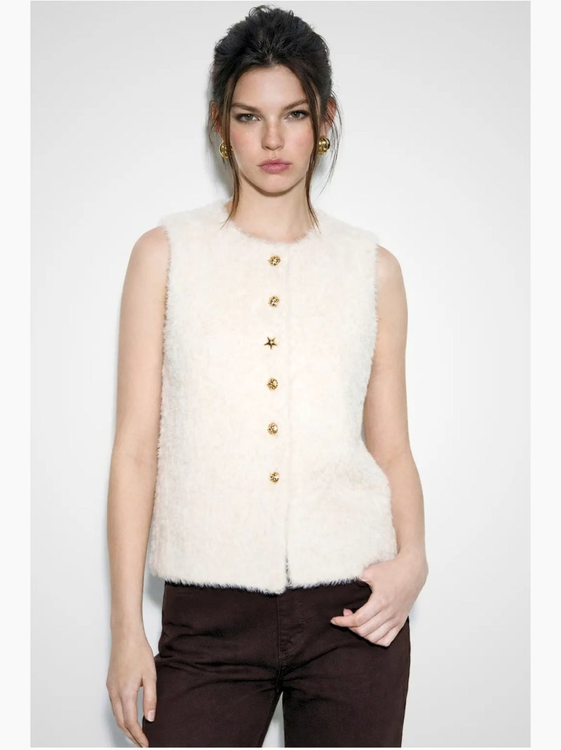 Gilet sans manches en peluche épaisse avec fermeture à boutons lucci Crème - Kiabi