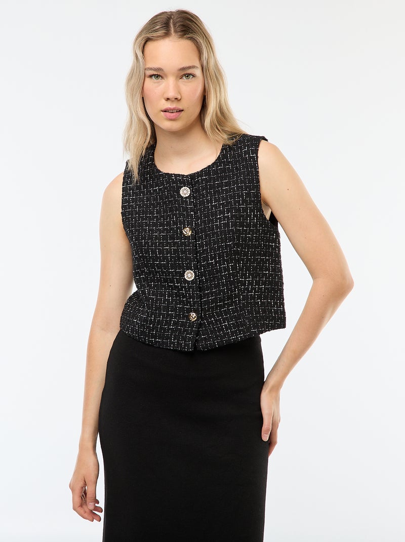 Gilet sans manches en tweed avec boutons fantaisies Noir - Kiabi