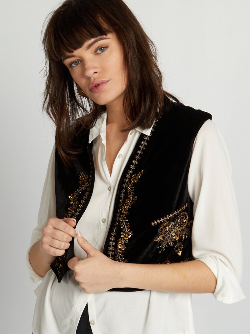 Gilet sans manches en velours brodé noir - Kiabi