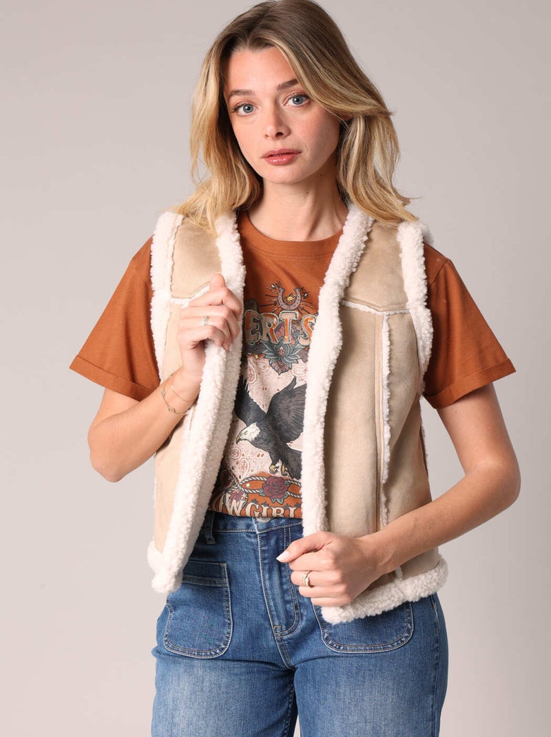 Gilet sans manches façon sherpa, esprit folk
 'Deeluxe' Ecru - Kiabi