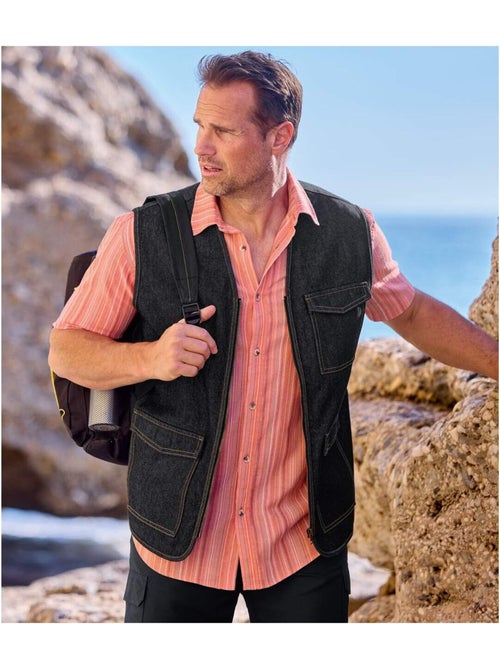 Gilet Sans Manches Zippé en Jean   - ATLAS FOR MEN - Kiabi