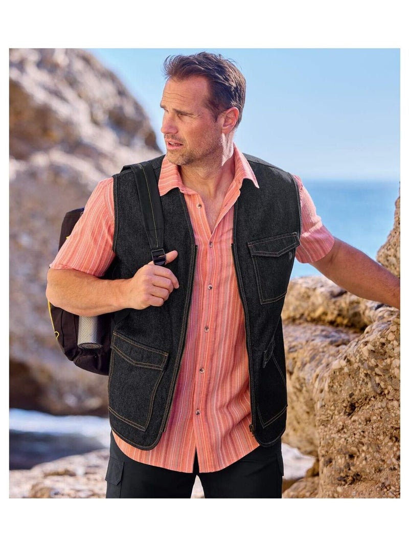 Gilet Sans Manches Zippé en Jean   - ATLAS FOR MEN Noir - Kiabi