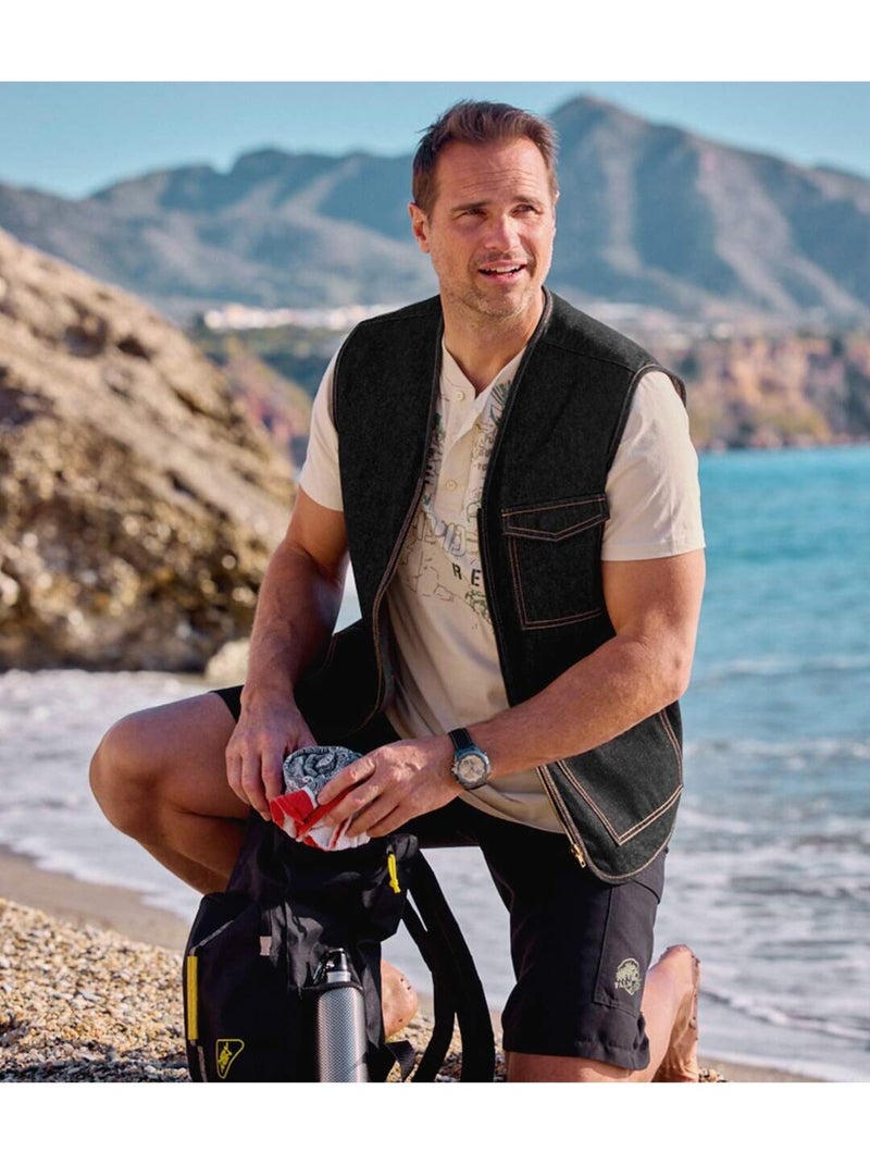 Gilet Sans Manches Zippé en Jean   - ATLAS FOR MEN Noir - Kiabi