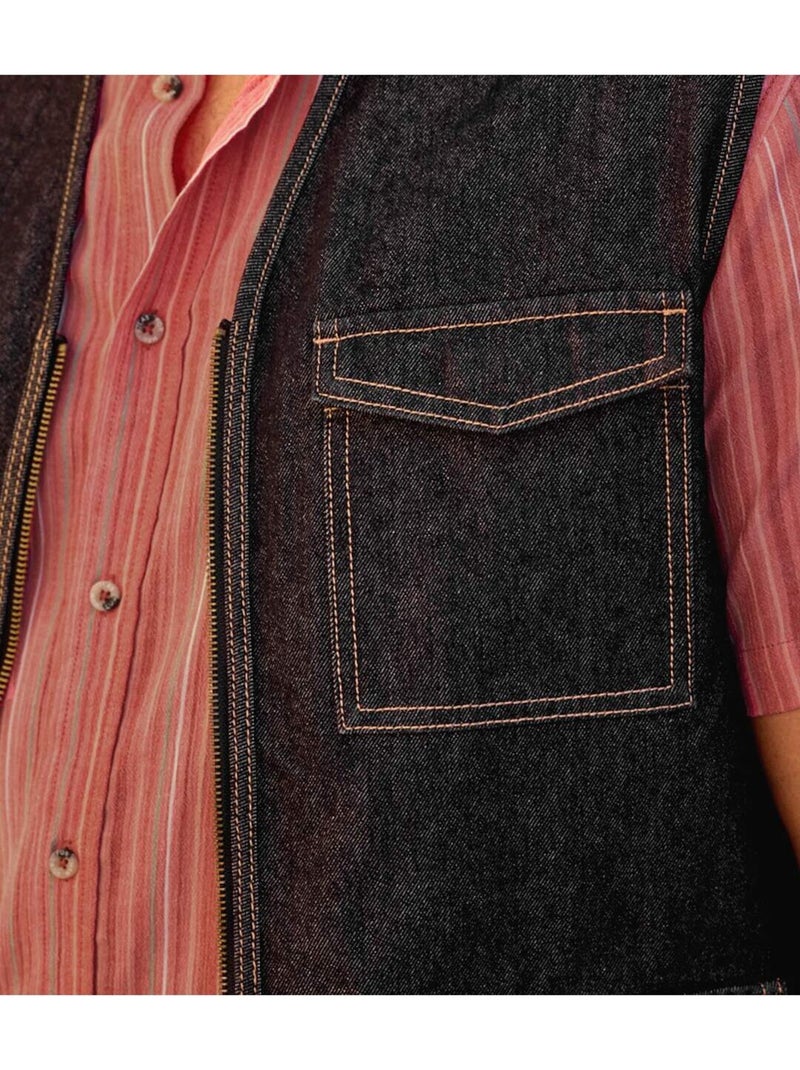 Gilet Sans Manches Zippé en Jean   - ATLAS FOR MEN Noir - Kiabi