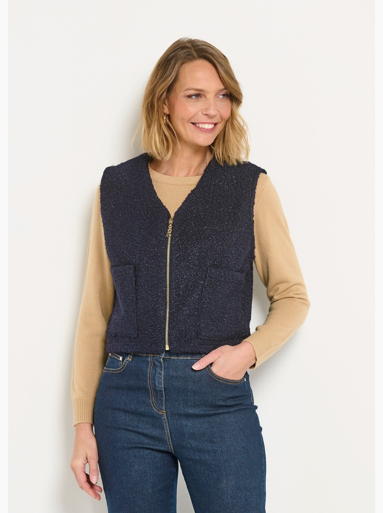 Gilet sans manches zippé ecru femme
