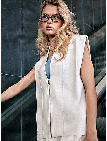 Gilet sportif double doux avec fermeture éclair frontale en couleur beige