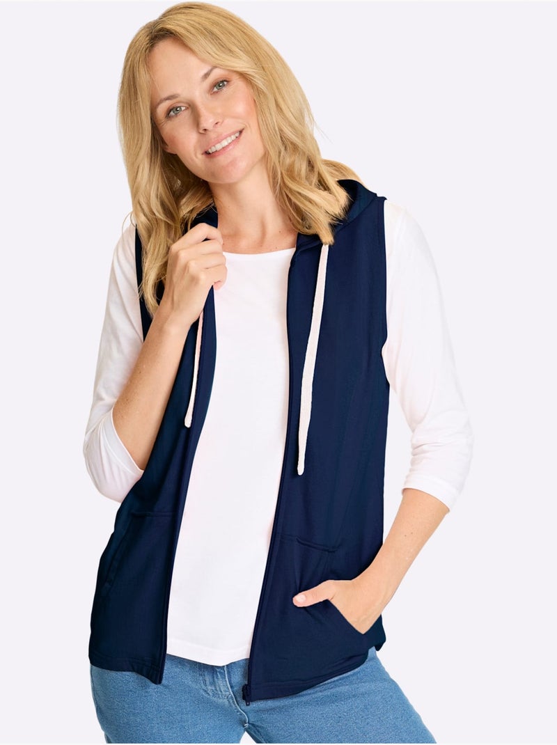 Gilet Sweat Capuche Avec Coulisse Et Lien à Nouer - Taille Standard - Moda Vilona Bleu foncé - Kiabi