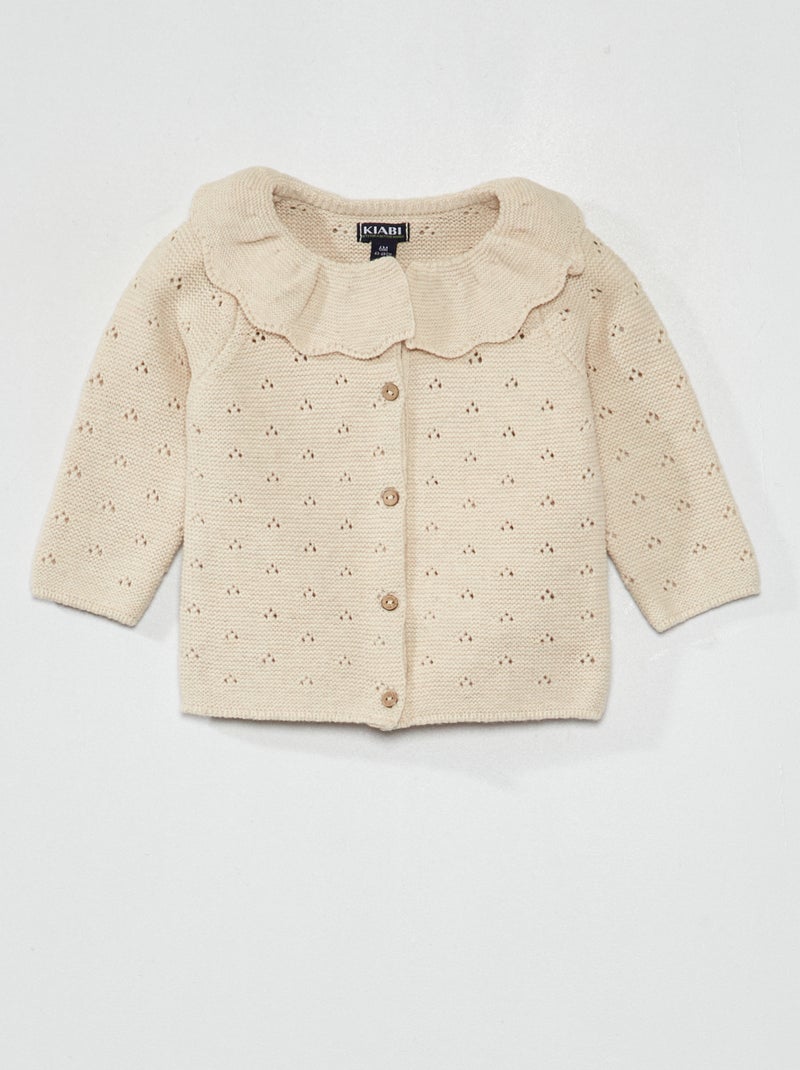 Gilet tricot à collerette et maille fantaisie Beige - Kiabi