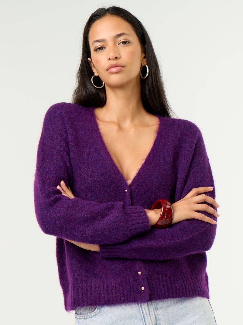 Gilet uni boutonné en maille grosse jauge Violet - Kiabi