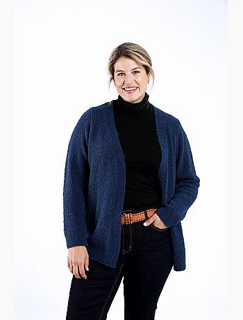 Gilet uni manches longues sans fermeture, longueur 70 cm pour une taille 48, coloris Pétrole.