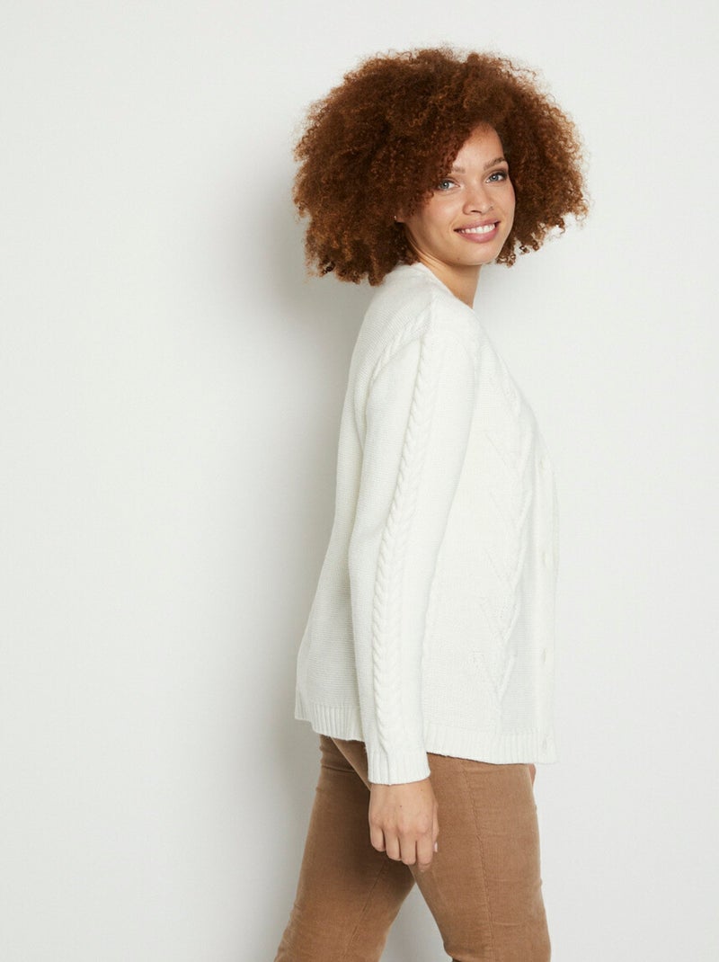 Gilet V boutonné maille jersey et torsades Ecru - Kiabi
