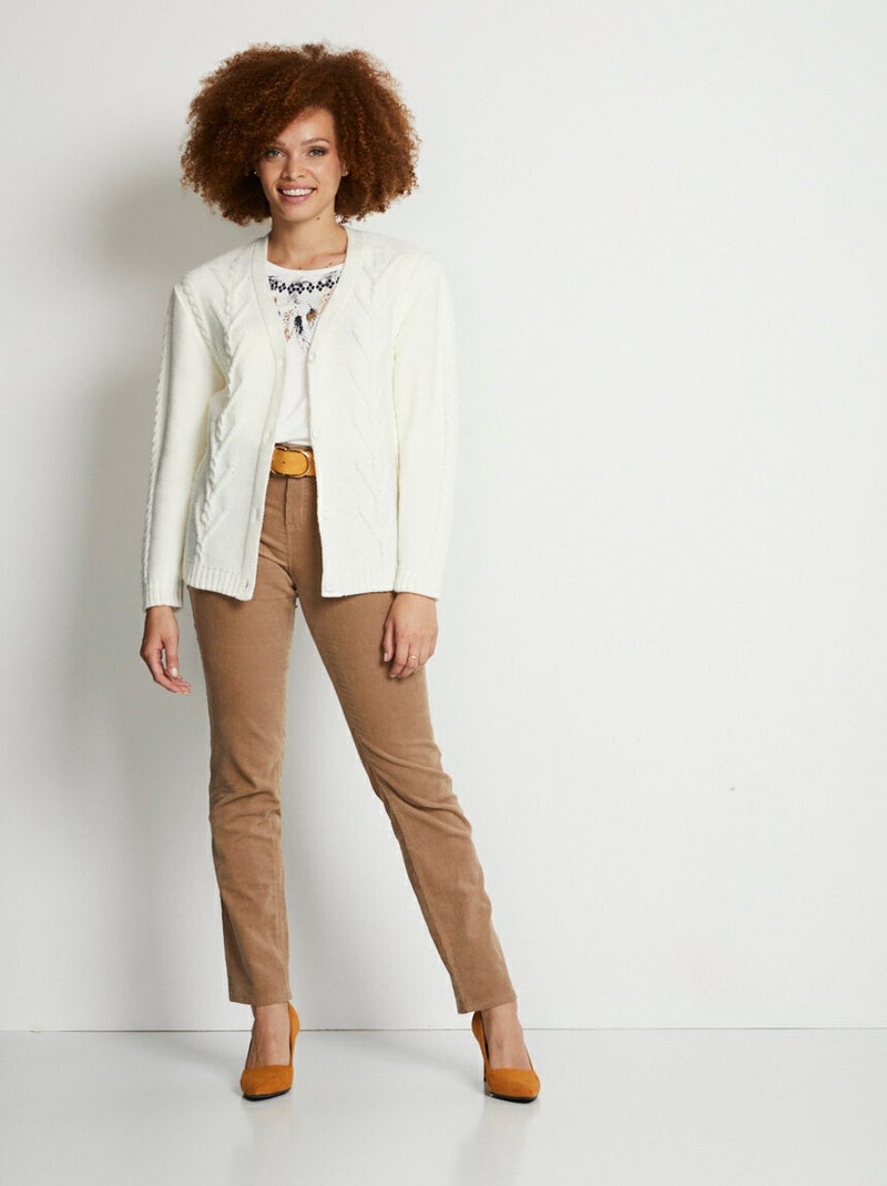 Gilet V boutonné maille jersey et torsades Ecru - Kiabi