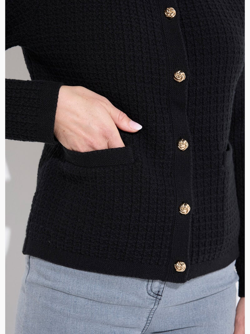 Gilet veste boutonné court maille effet tweed - Afibel Noir - Kiabi