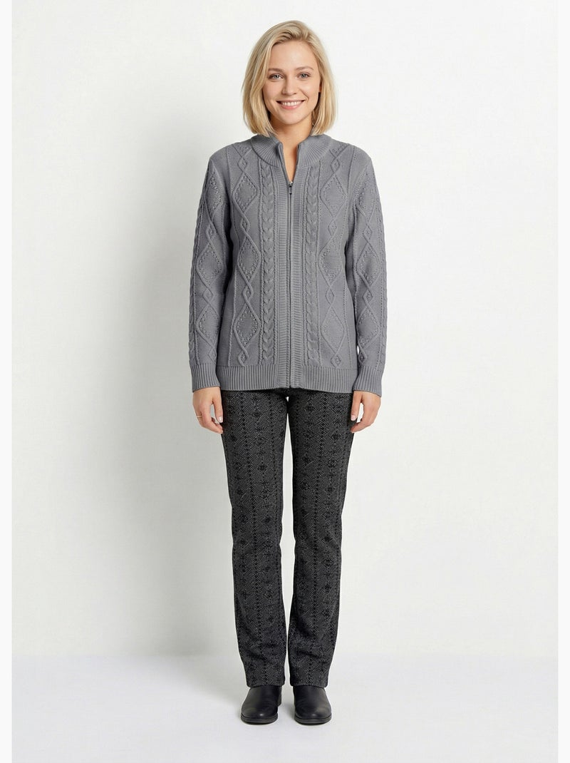 Gilet zippé chaud col montant torsades - Afibel Gris - Kiabi