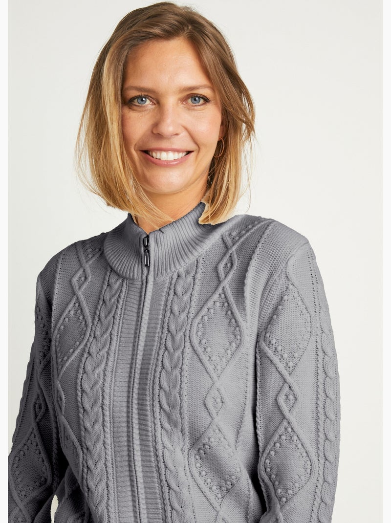 Gilet zippé chaud col montant torsades - Afibel Gris - Kiabi