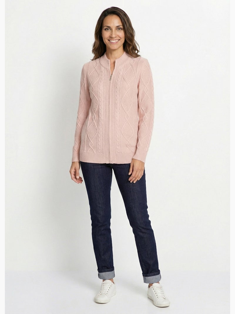 Gilet zippé chaud col montant torsades - Afibel Rose - Kiabi