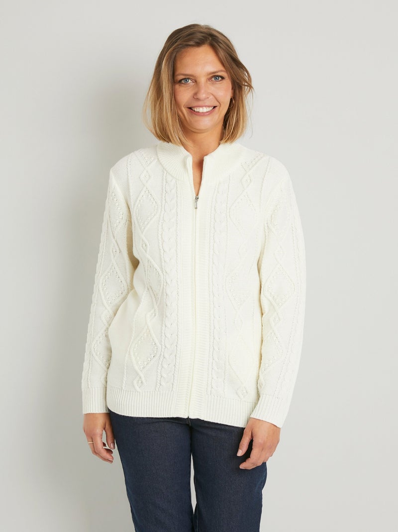 Gilet zippé chaud col montant torsades Ecru - Kiabi