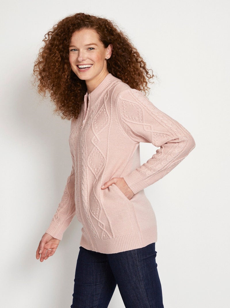 Gilet zippé chaud col montant torsades Rose - Kiabi