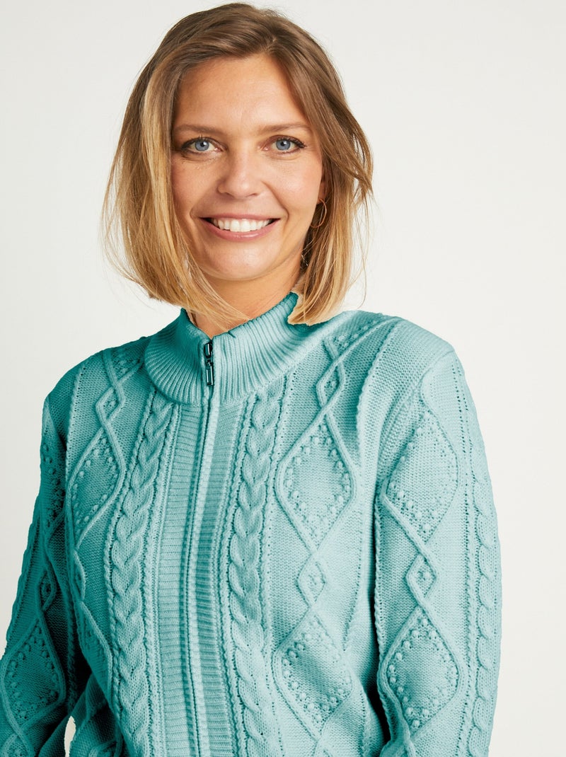 Gilet zippé chaud col montant torsades Vert - Kiabi