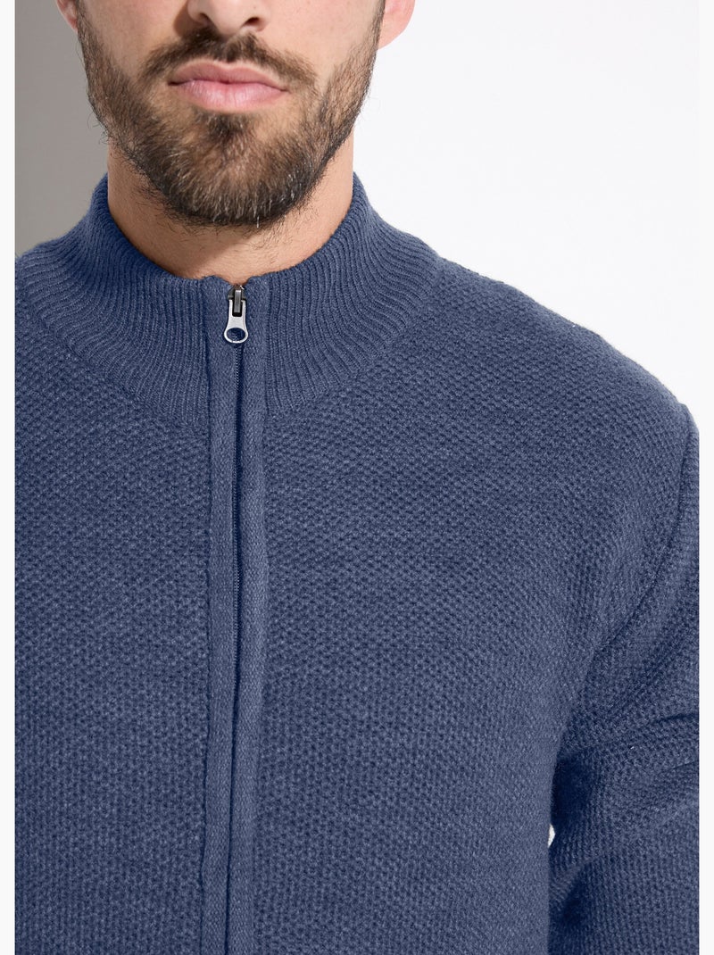 Gilet zippé col montant maille chinée laine - afibel Bleu - Kiabi