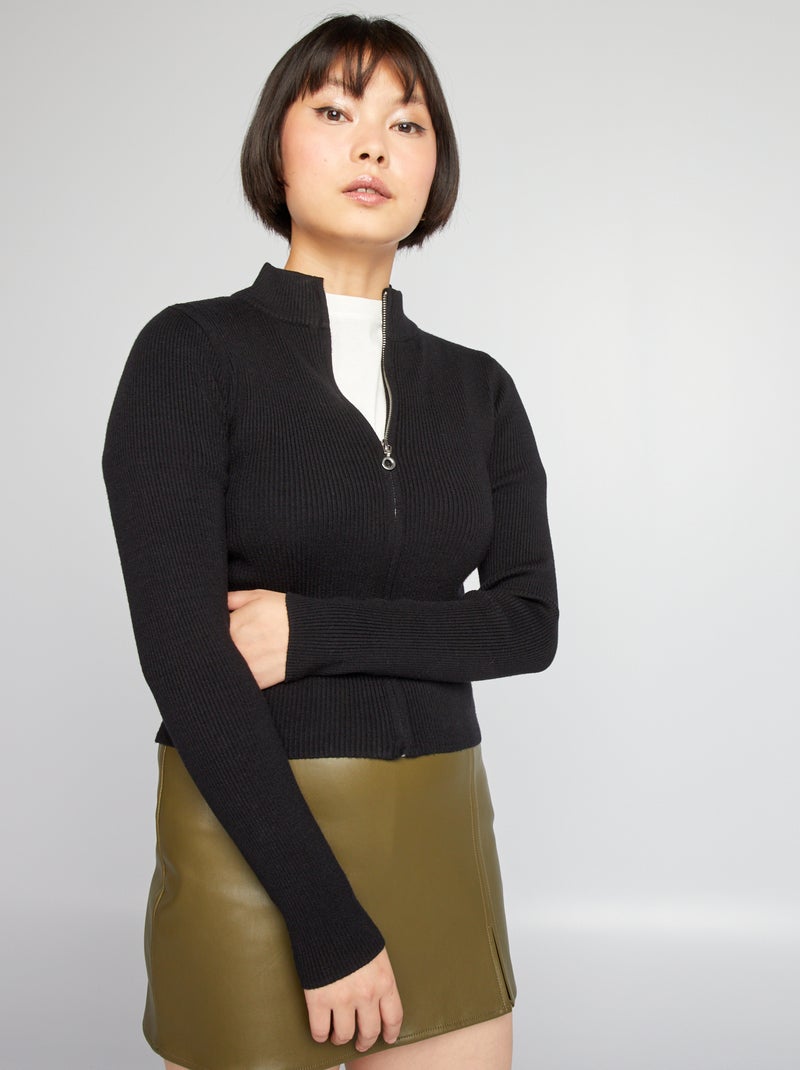 Gilet zippé en maille côtelé noir - Kiabi