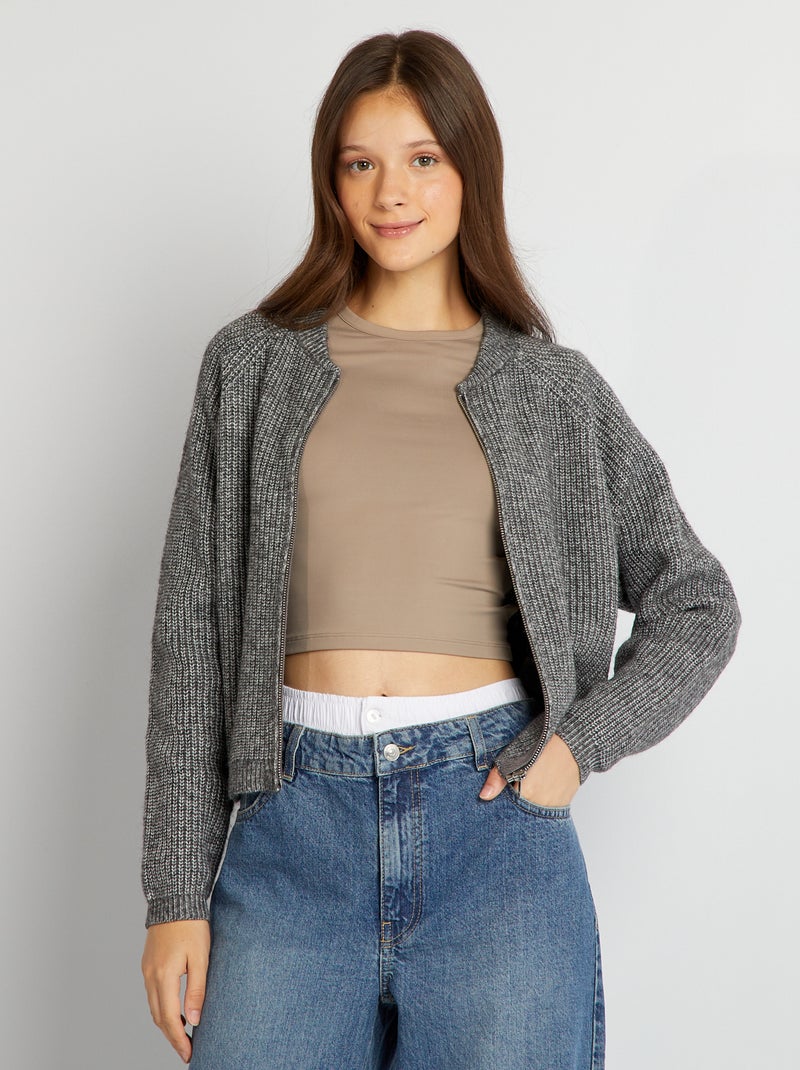 Gilet zippé en maille tressée Gris foncé - Kiabi