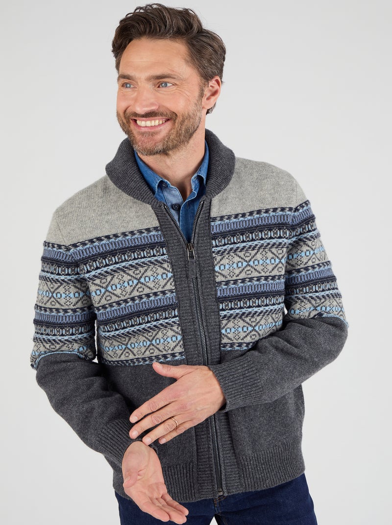 Gilet zippé mélange laine maille jacquard - Damart Gris - Kiabi
