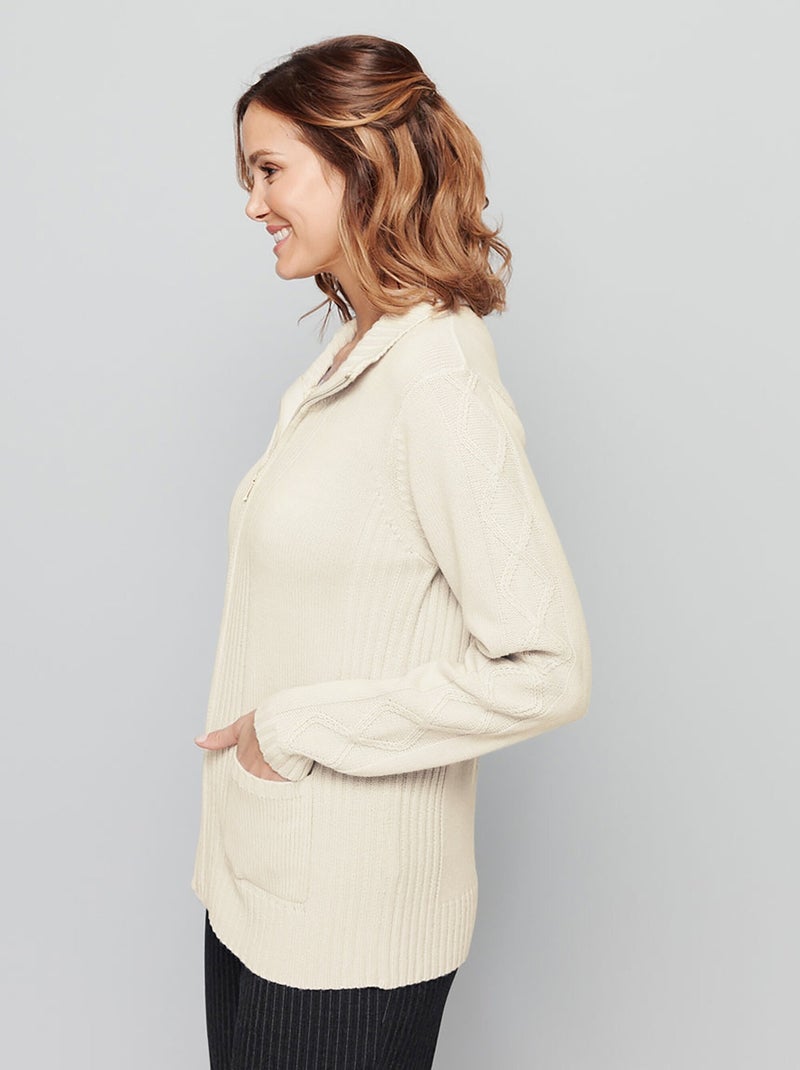 Gilet zippé uni mi-long maille épaisse - Afibel Ecru - Kiabi