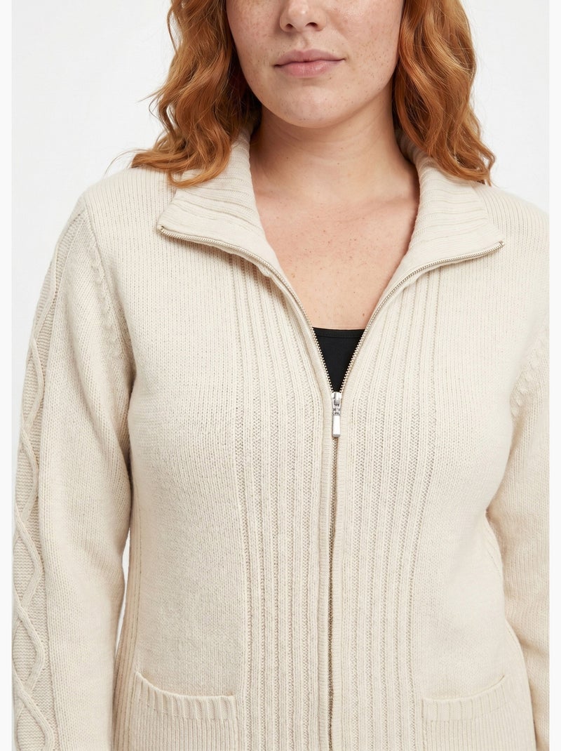 Gilet zippé uni mi-long maille épaisse - Afibel Ecru - Kiabi