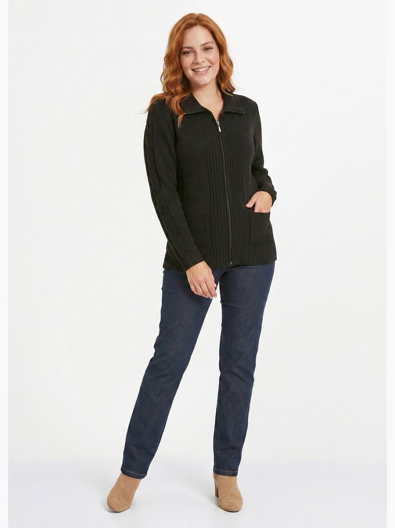Gilet zippé uni mi-long maille épaisse - Afibel Noir - Kiabi