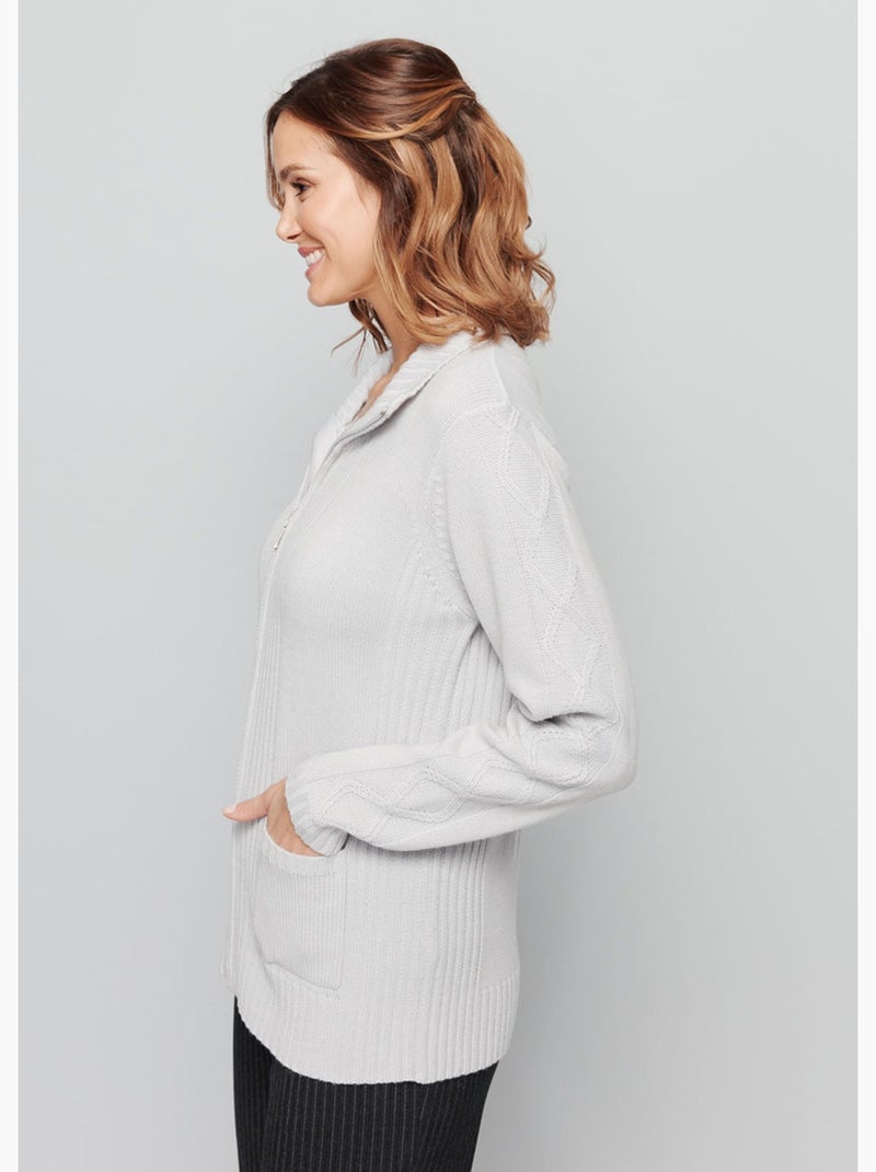Gilet zippé uni mi-long maille épaisse Argent Femme
