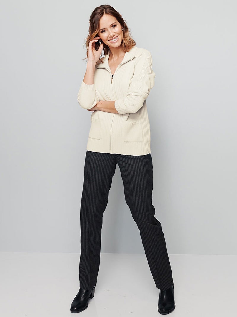 Gilet zippé uni mi-long maille épaisse Ecru - Kiabi