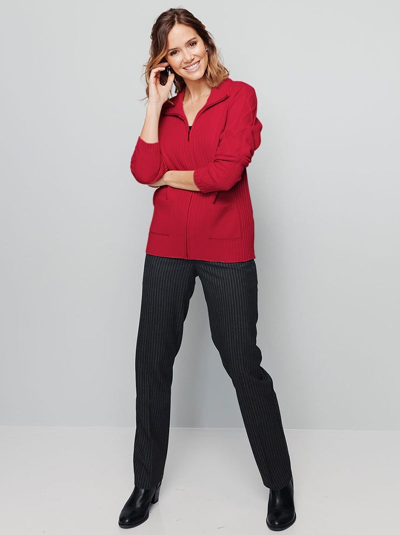 Gilet zippé uni mi-long maille épaisse Framboise - Kiabi