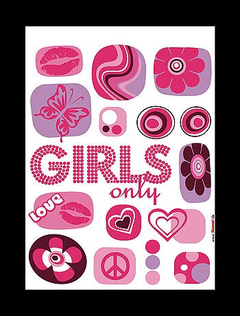 Girls Only, Sticker mural avec motifs rose et vilolet Love, peace, fleurs - 50x70 cm