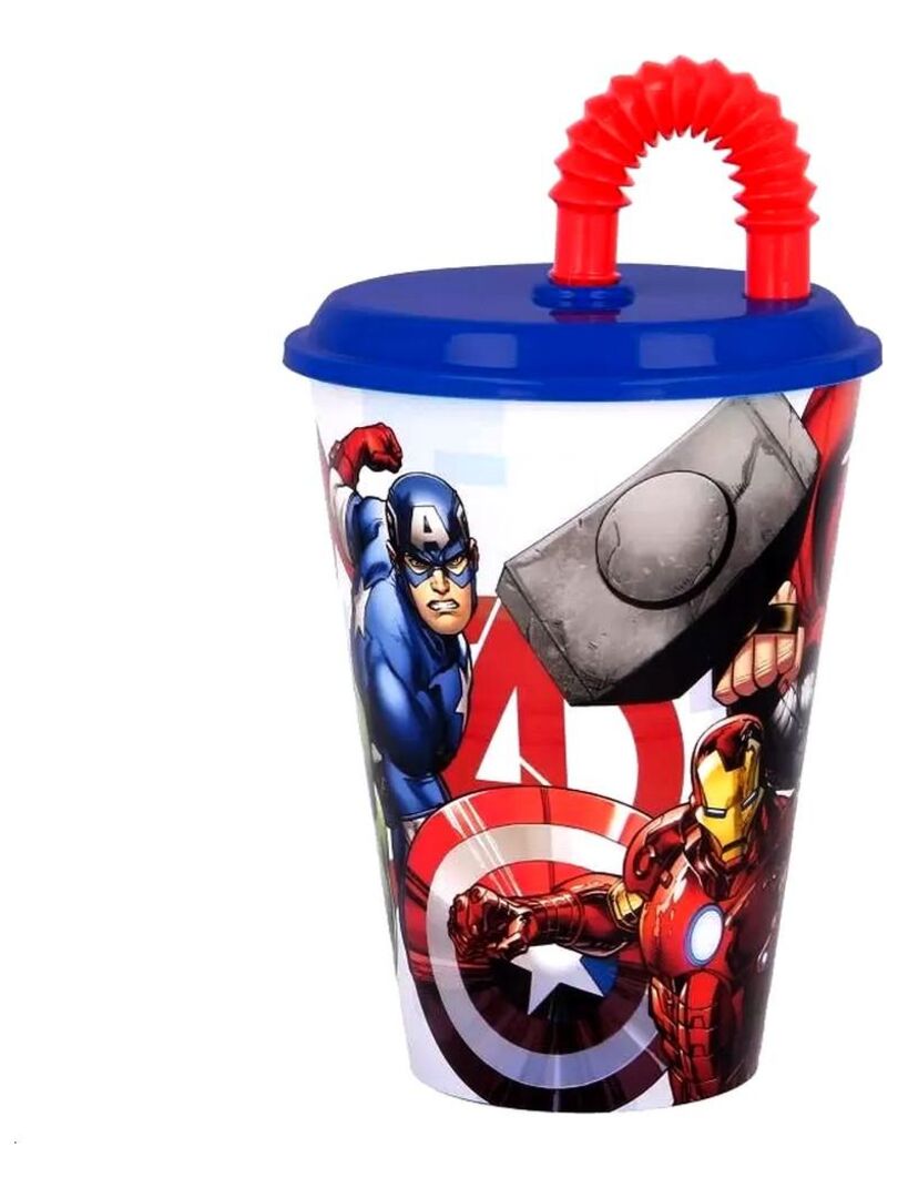 Gobelet Avengers Avec Paille Pour Enfants - Verre Plastique Réutilisable Semi-Rigide BPA Free 430 Ml Iron Man Hulk