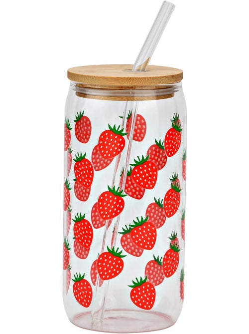 Gourde avec couvercle et paille en verre Fraises - Kiabi