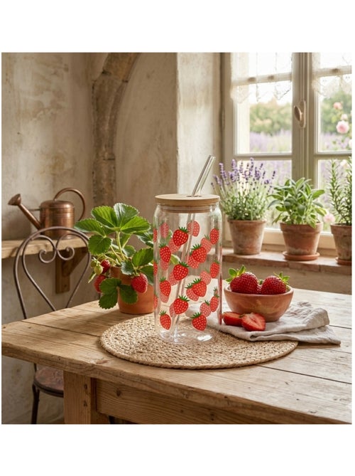 Gourde avec couvercle et paille en verre Fraises - Kiabi