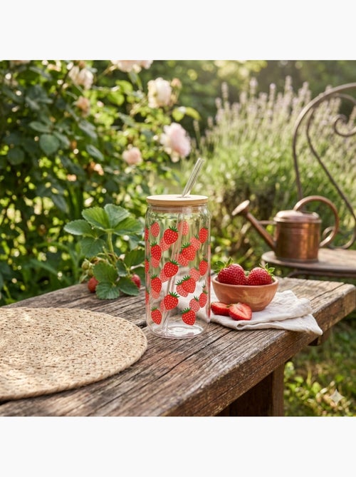 Gourde avec couvercle et paille en verre Fraises - Kiabi