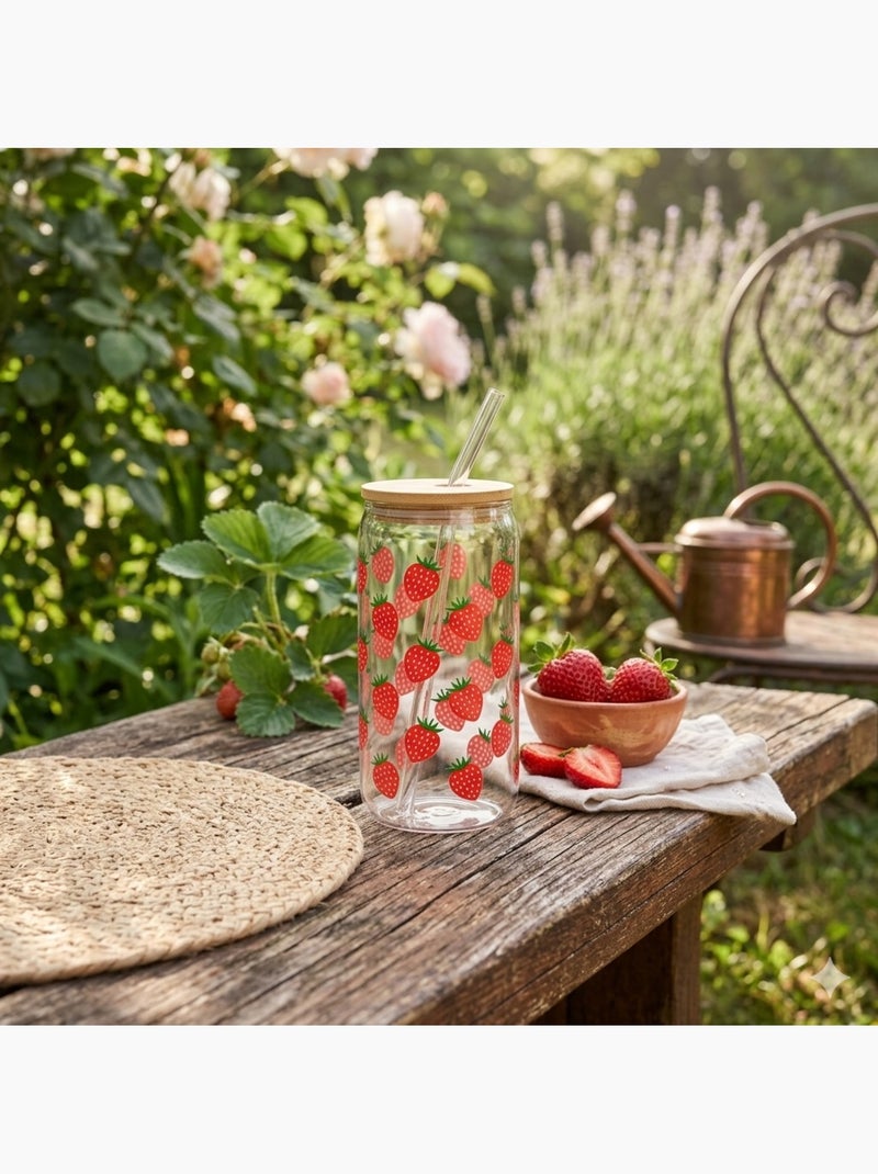 Gourde avec couvercle et paille en verre Fraises Rouge - Kiabi