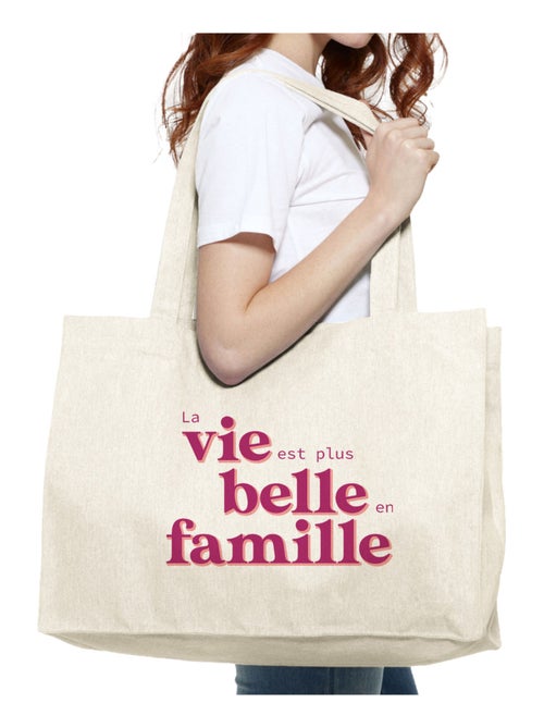 Grand cabas LA VIE EST PLUS BELLE EN FAMILLE ROSE - Kiabi