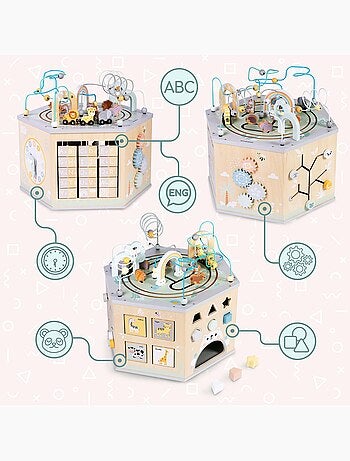 Grand cube d'activités bois montessori train alphabet mamabrum