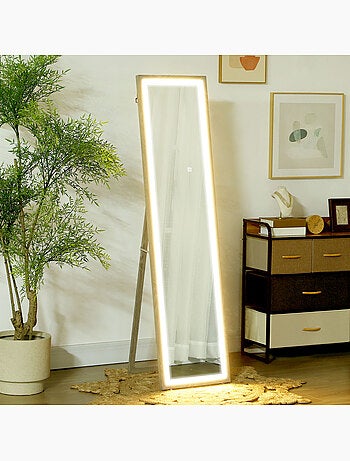 Grand miroir led pleine longueur 40 x 160 cm autoportant ou à fixer réglable effet bois